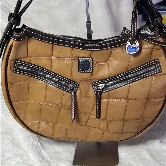 Dooney and Bourke Brown Croc-Embossed Leather Shoulder Bag - Picture 1 of 6